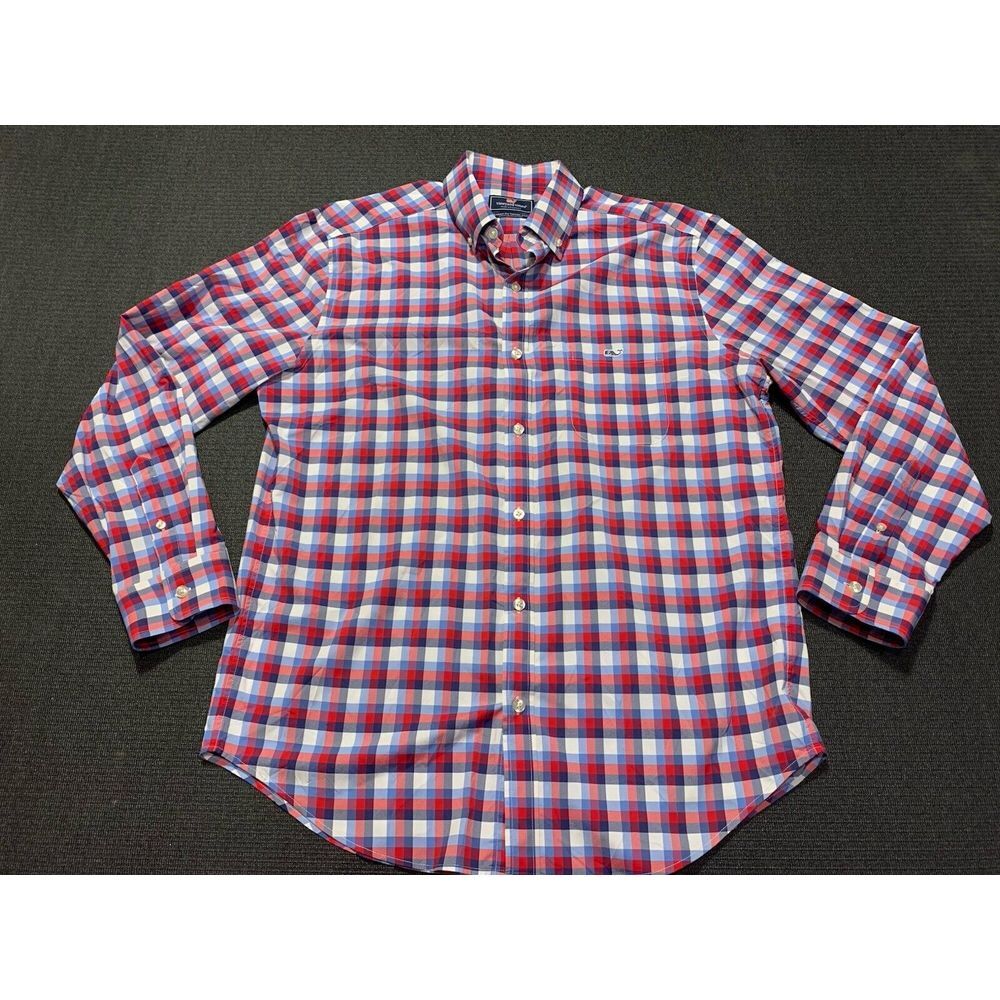 Vineyard Vines Performance Tucker Shirt Mens Large Red Blue Check Plaid‎